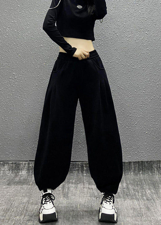 Grey Pockets Elastic Waist Cotton Beam Pants Spring
