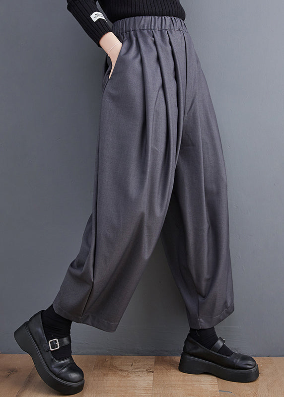 Grey Pockets Elastic Waist Cotton Crop Pants Spring