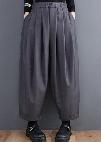 Grey Pockets Elastic Waist Cotton Crop Pants Spring