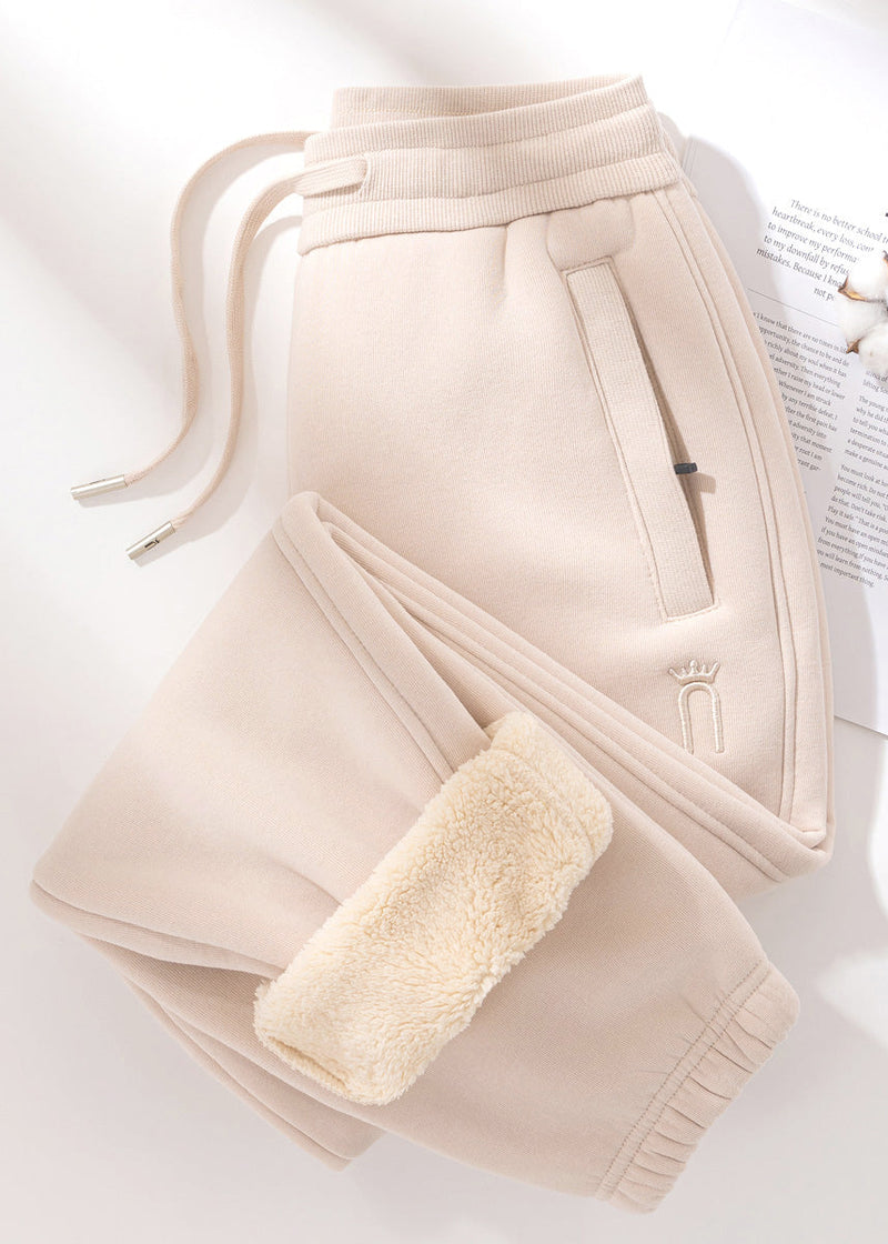 Grey Pockets Elastic Waist Teddy Warm Fleece Pants Winter