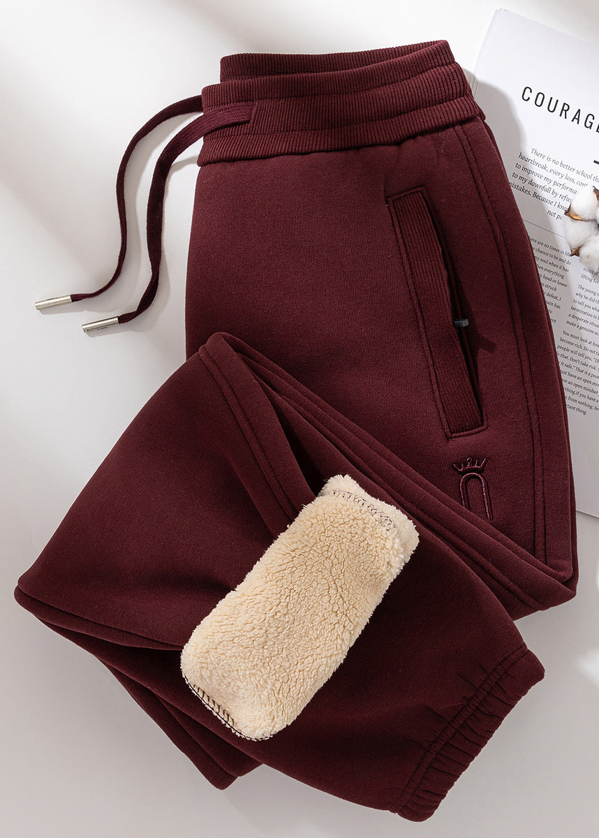 Grey Pockets Elastic Waist Teddy Warm Fleece Pants Winter