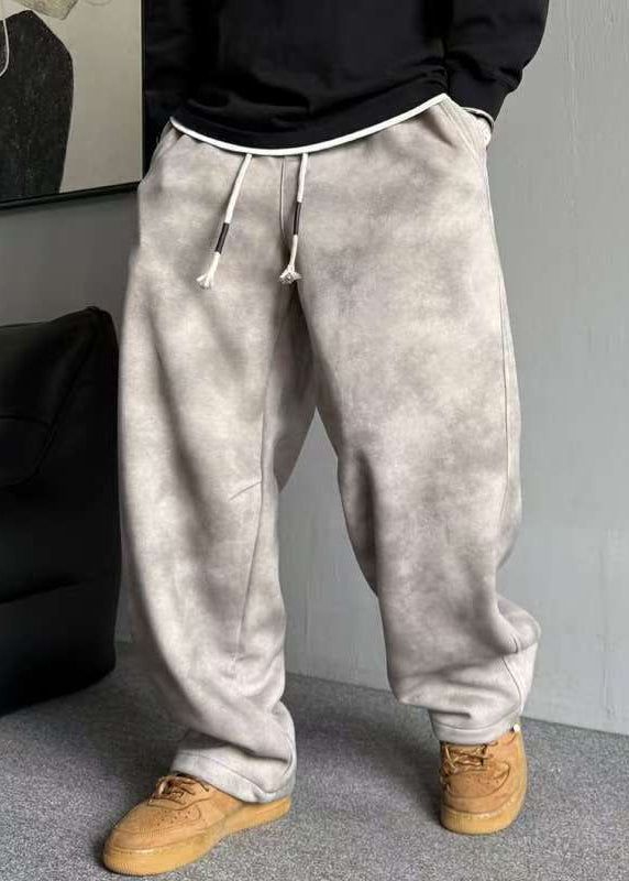 Grey Pockets Elastic Waist Warm Fleece Pants Spring
