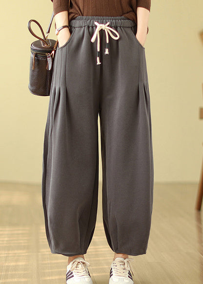 Grey Pockets Elastic Waist Warm Fleece Pants Winter