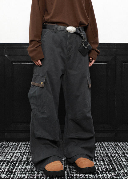 Grey Pockets High Waist Cotton Pants Spring