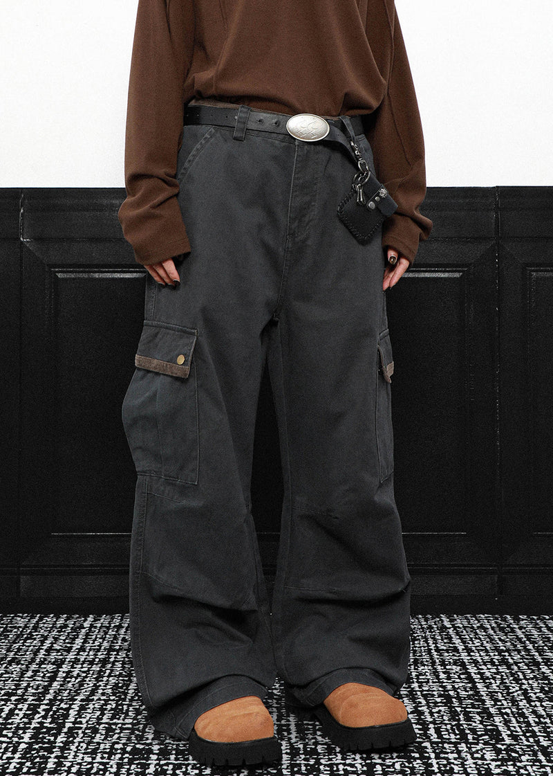 Grey Pockets High Waist Cotton Pants Spring