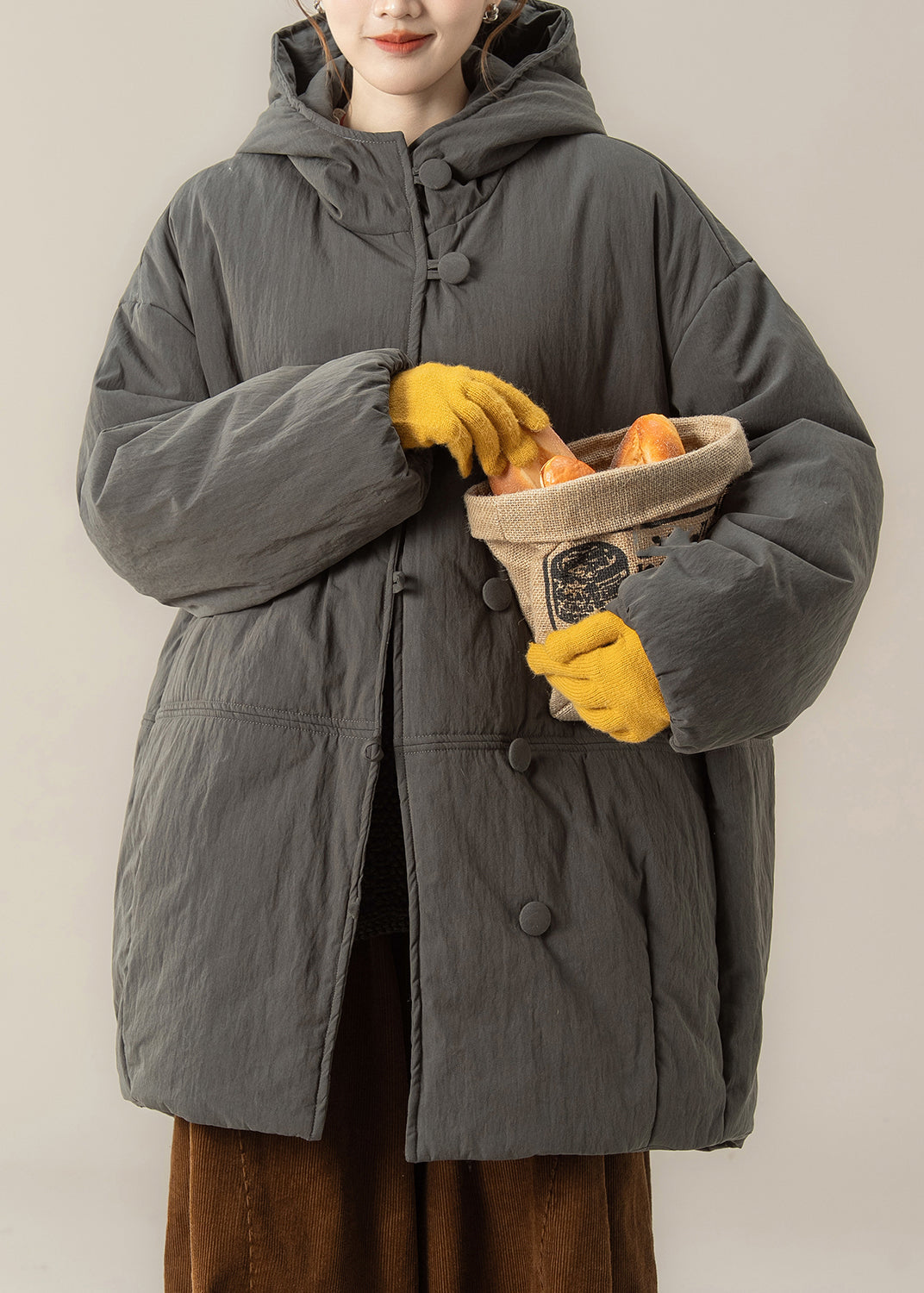 Grey Pockets Hooded Parka Lantern Sleeve