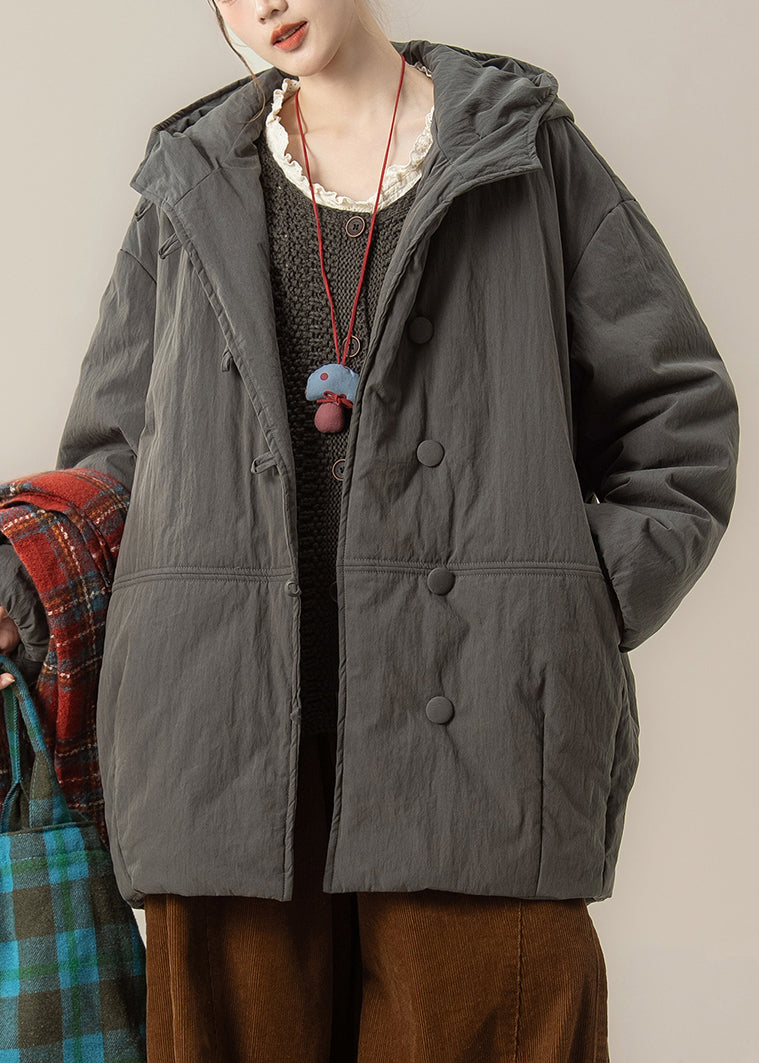 Grey Pockets Hooded Parka Lantern Sleeve