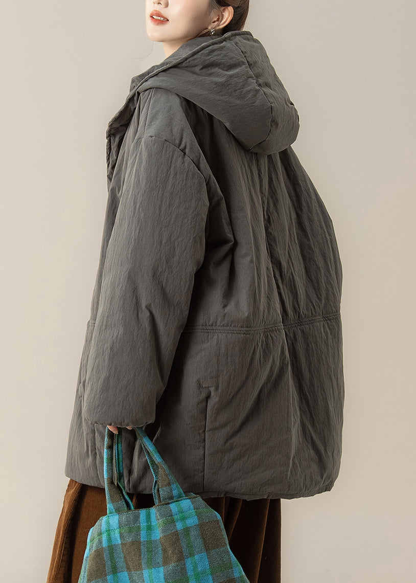 Grey Pockets Hooded Parka Lantern Sleeve
