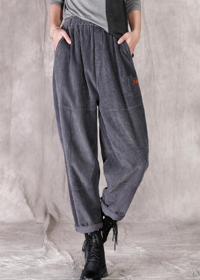 Grey Pockets Patchwork Elastic Waist Corduroy Pants Fall