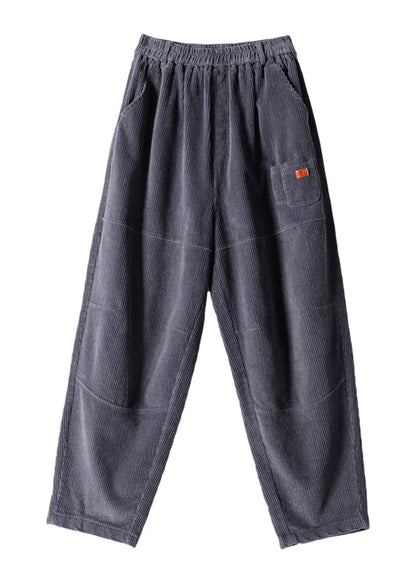 Grey Pockets Patchwork Elastic Waist Corduroy Pants Fall