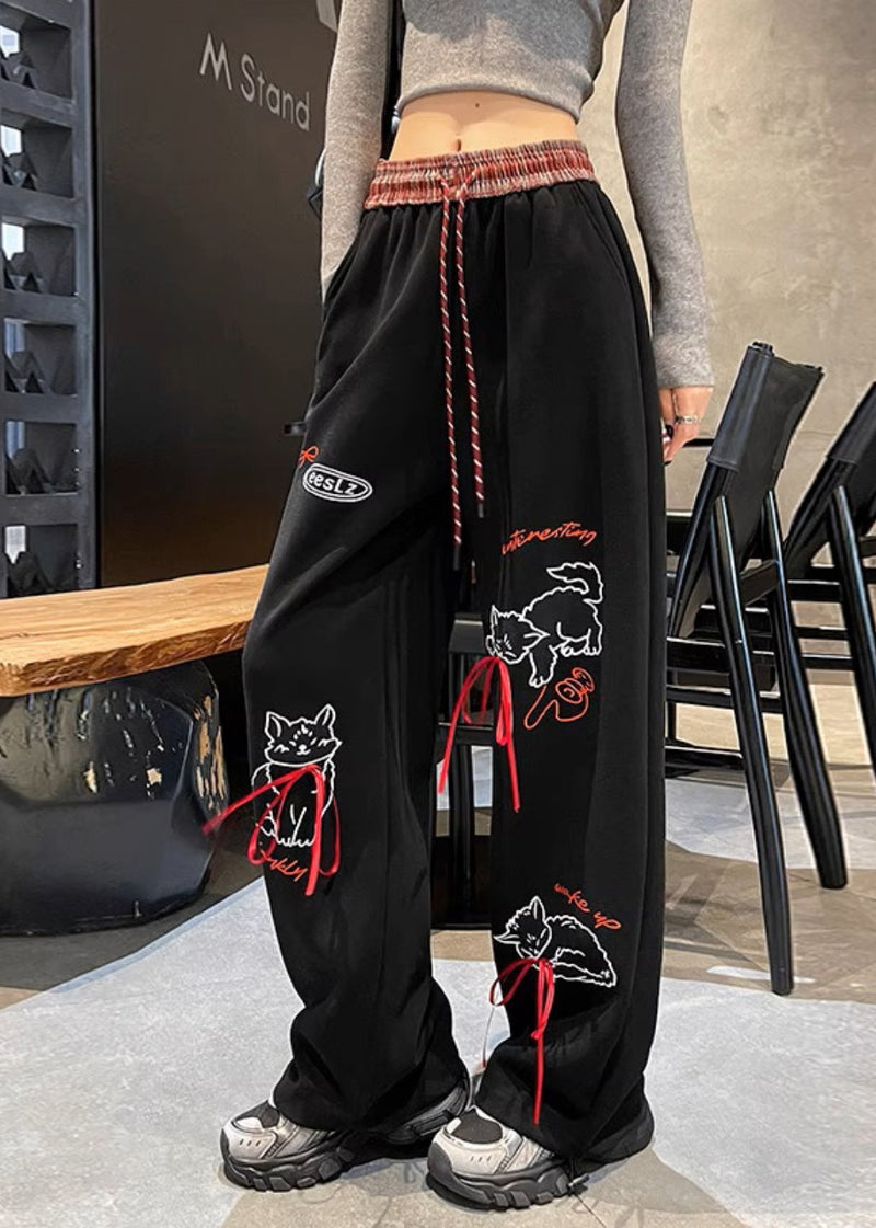 Grey Pockets Print Elastic Waist Cotton Pants Spring