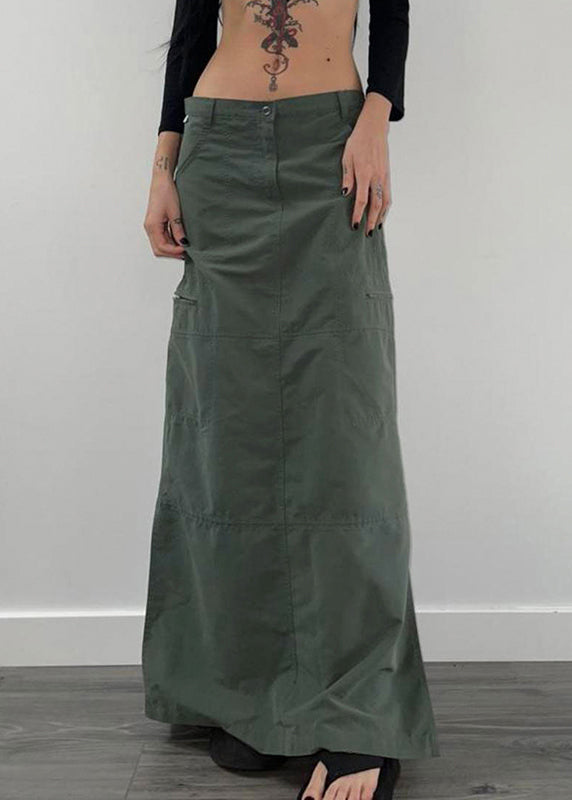 Grey Pockets Side Open Patchwork Cotton Maxi Skirts Fall