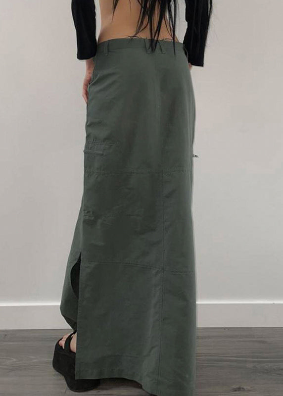Grey Pockets Side Open Patchwork Cotton Maxi Skirts Fall