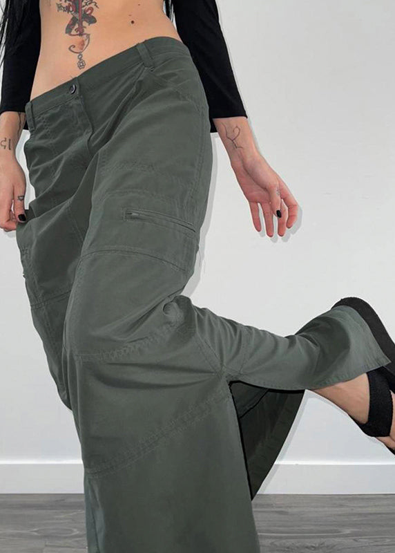 Grey Pockets Side Open Patchwork Cotton Maxi Skirts Fall