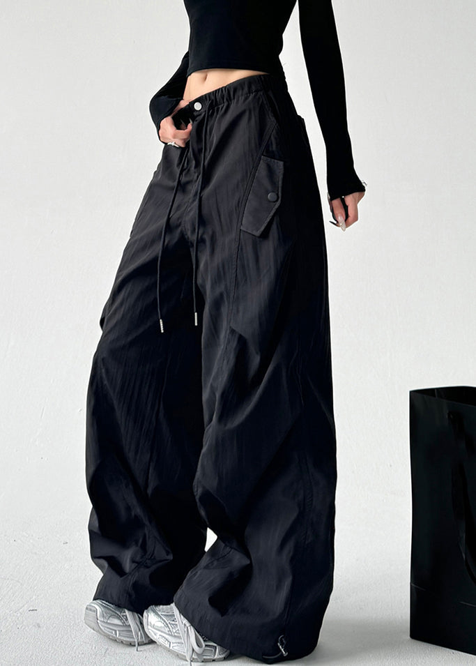 Grey Pockets Tie Waist Wide Leg Pants Spring