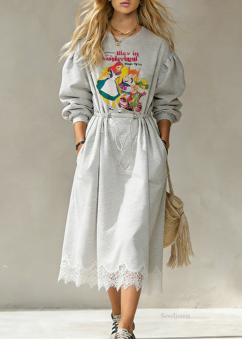 Grey Print Drawstring Lace Patchwork Cotton Sweatshirt Dresses Spring