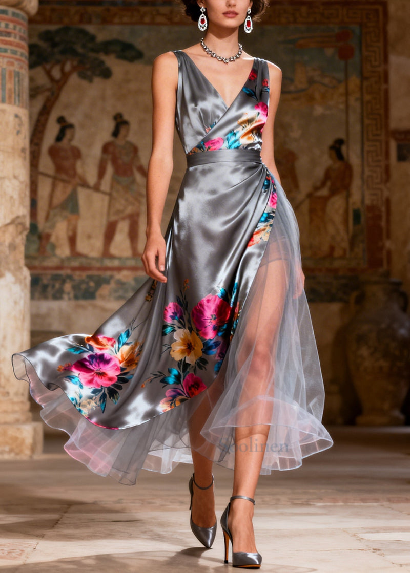 Grey Print Patchwork Tulle Silk Holiday Dress Summer
