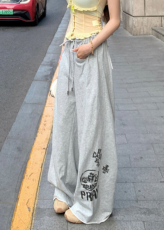 Grey Print Pockets Elastic Waist Cotton Pants Summer