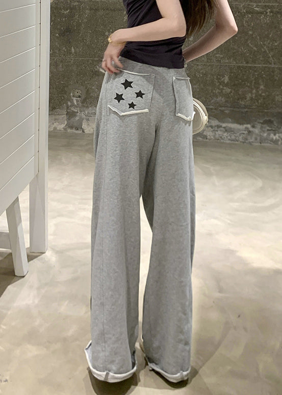 Grey Print Pockets Elastic Waist Cotton Pants Summer