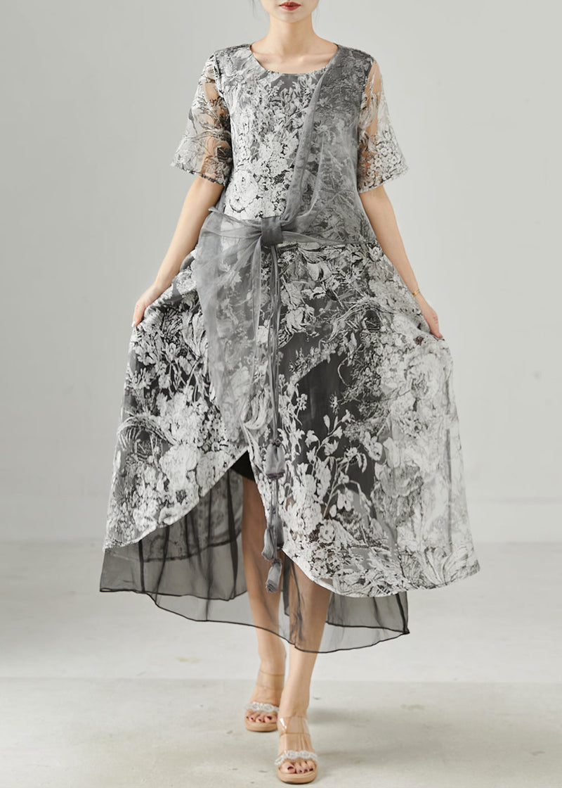 Grey Print Tulle Vacation Dresses Summer