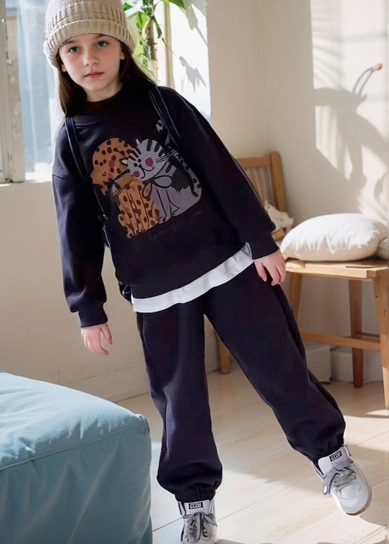 Grey Print Warm Fleece Sweatshirt and Lantern Pants Two Piece Set Spring