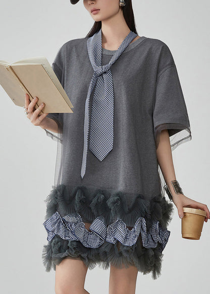 Grey Ruffled Tulle Patchwork Fake Two Pieces Mid Dress Short Sleeve