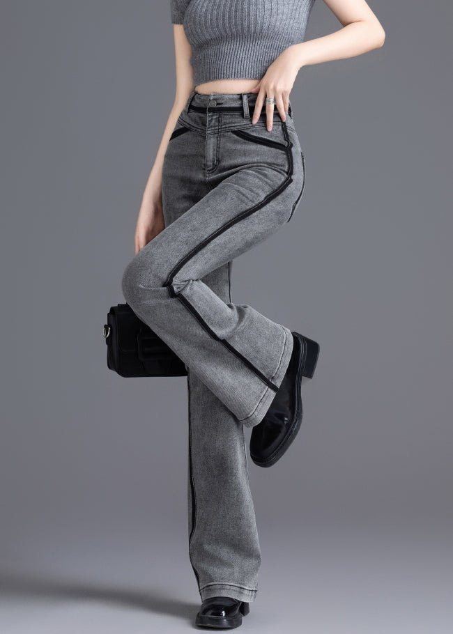 Grey Silm Fit Patchwork Denim Bell-bottom Trousers Spring