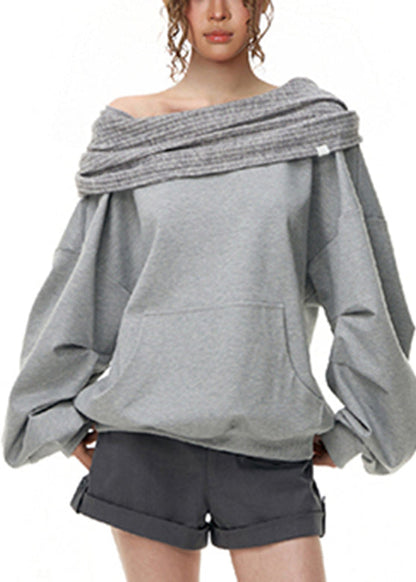 Casual Grey Slash Neck Pockets Sweatshirts Lantern Sleeve