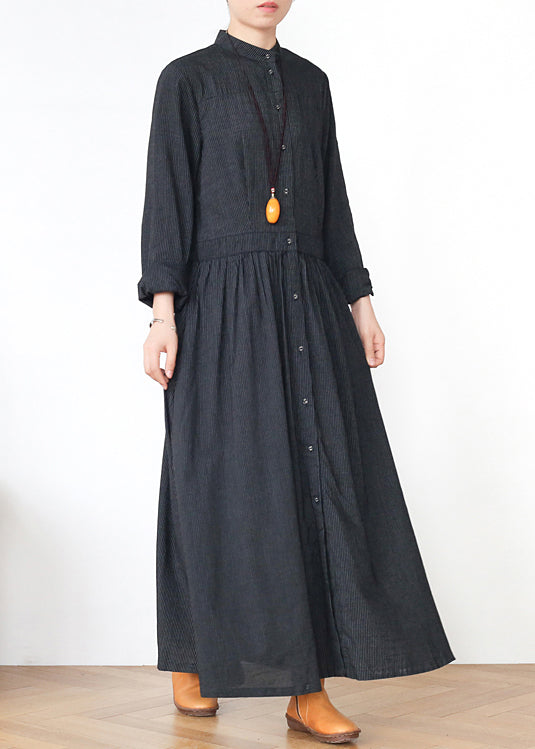 Grey Stand Collar Striped Cotton Shirts Dress Spring
