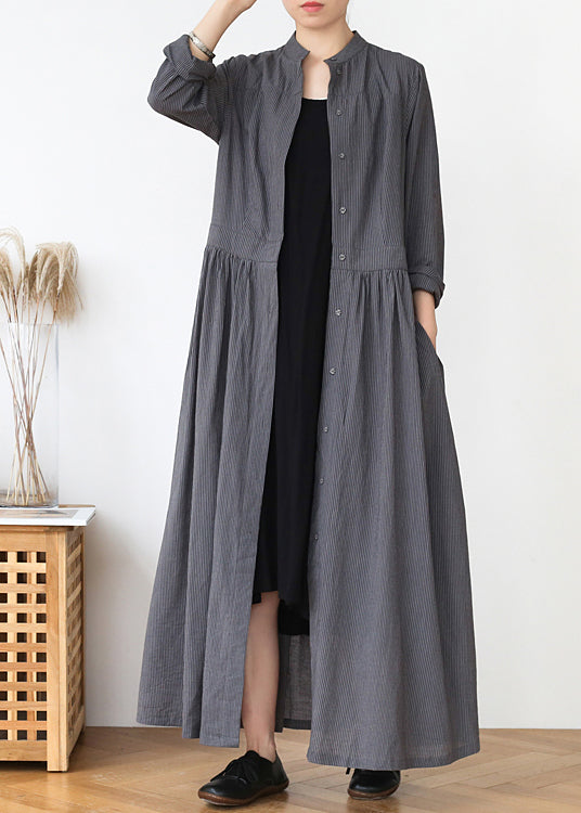 Grey Stand Collar Striped Cotton Shirts Dress Spring