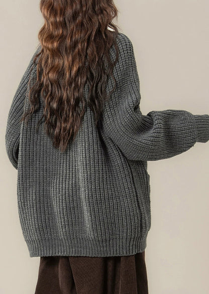 Grey Stand Collar Thick Cotton Knit Cardigans Winter