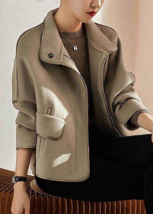 Grey Stand Collar Zippered Patchwork Woolen Coats Fall
