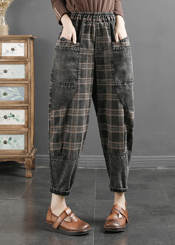 Grey Striped Plaid Patchwork Elastic Waist Crop Pants Fall