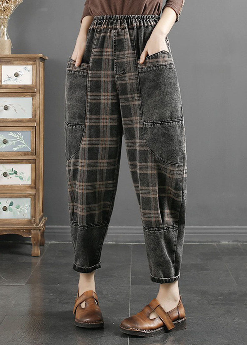 Grey Striped Plaid Patchwork Elastic Waist Crop Pants Fall