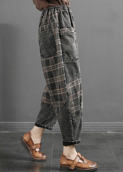 Grey Striped Plaid Patchwork Elastic Waist Crop Pants Fall