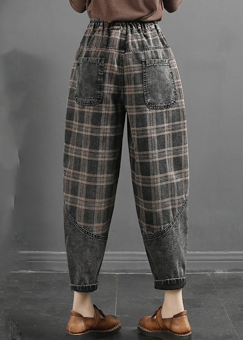 Grey Striped Plaid Patchwork Elastic Waist Crop Pants Fall