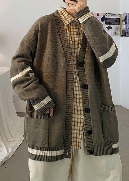 Grey Striped Pockets Knit Cardigans Spring