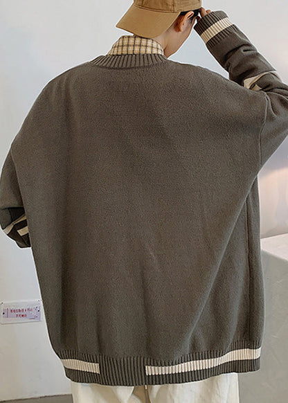 Grey Striped Pockets Knit Cardigans Spring