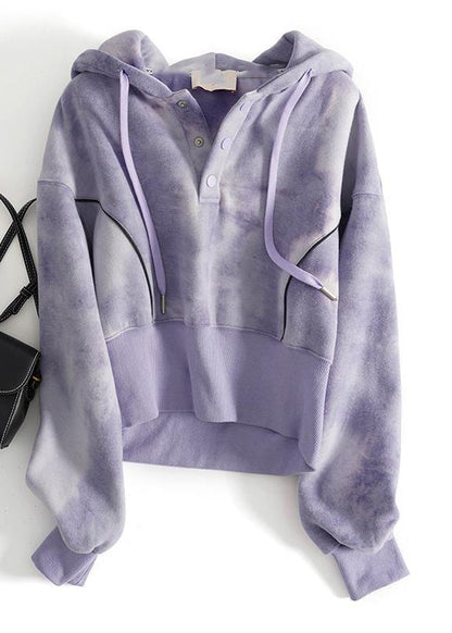 Casual Grey Tie Dye Drawstring Hooded Sweatshirts Top Spring