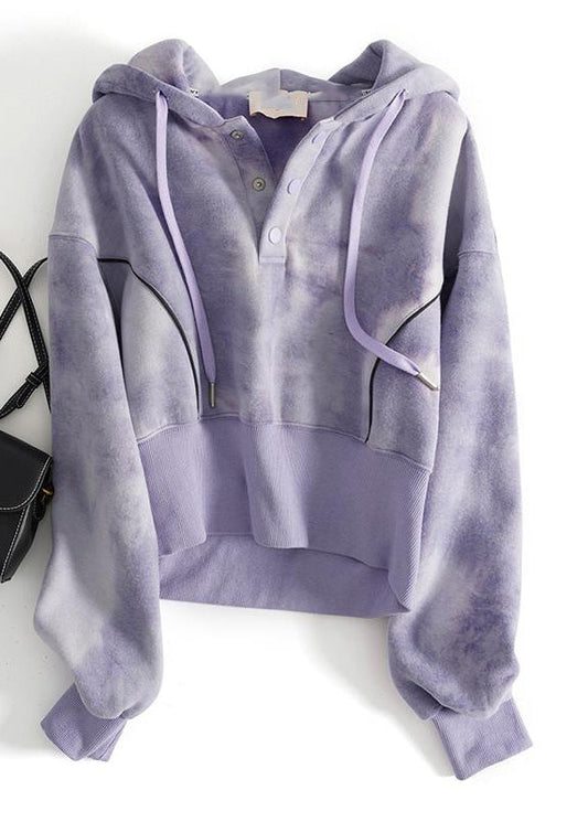 Casual Grey Tie Dye Drawstring Hooded Sweatshirts Top Spring