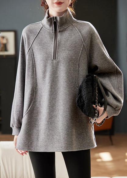 Casual Grey Turtleneck Patchwork Fleece Sweatshirt Spring