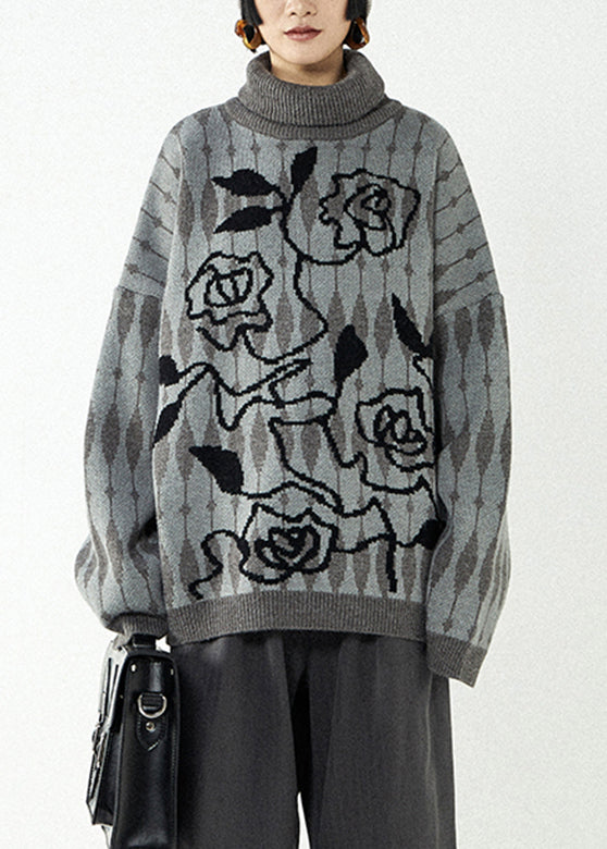 Grey Turtleneck Print Thick Knit Sweaters Fall