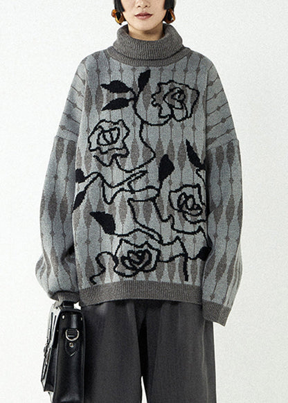 Grey Turtleneck Print Thick Knit Sweaters Fall