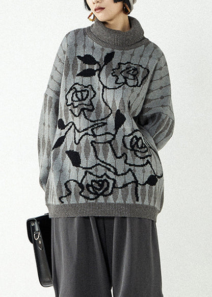 Grey Turtleneck Print Thick Knit Sweaters Fall