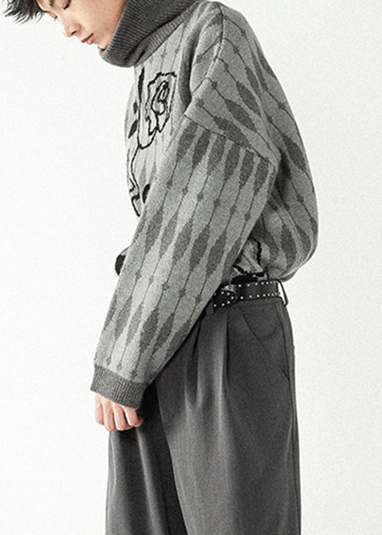 Grey Turtleneck Print Thick Knit Sweaters Fall