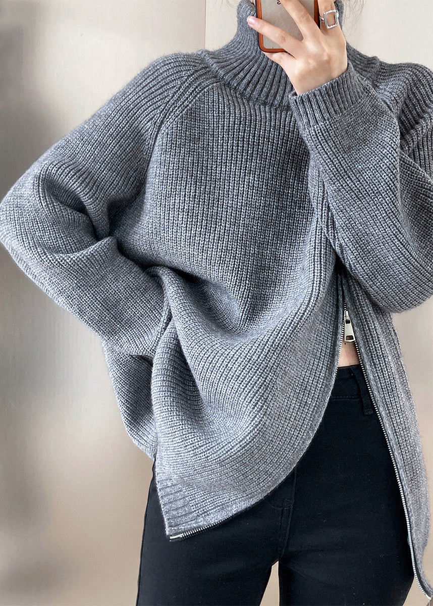 Grey Turtleneck Thick Cotton Knit Sweaters Fall