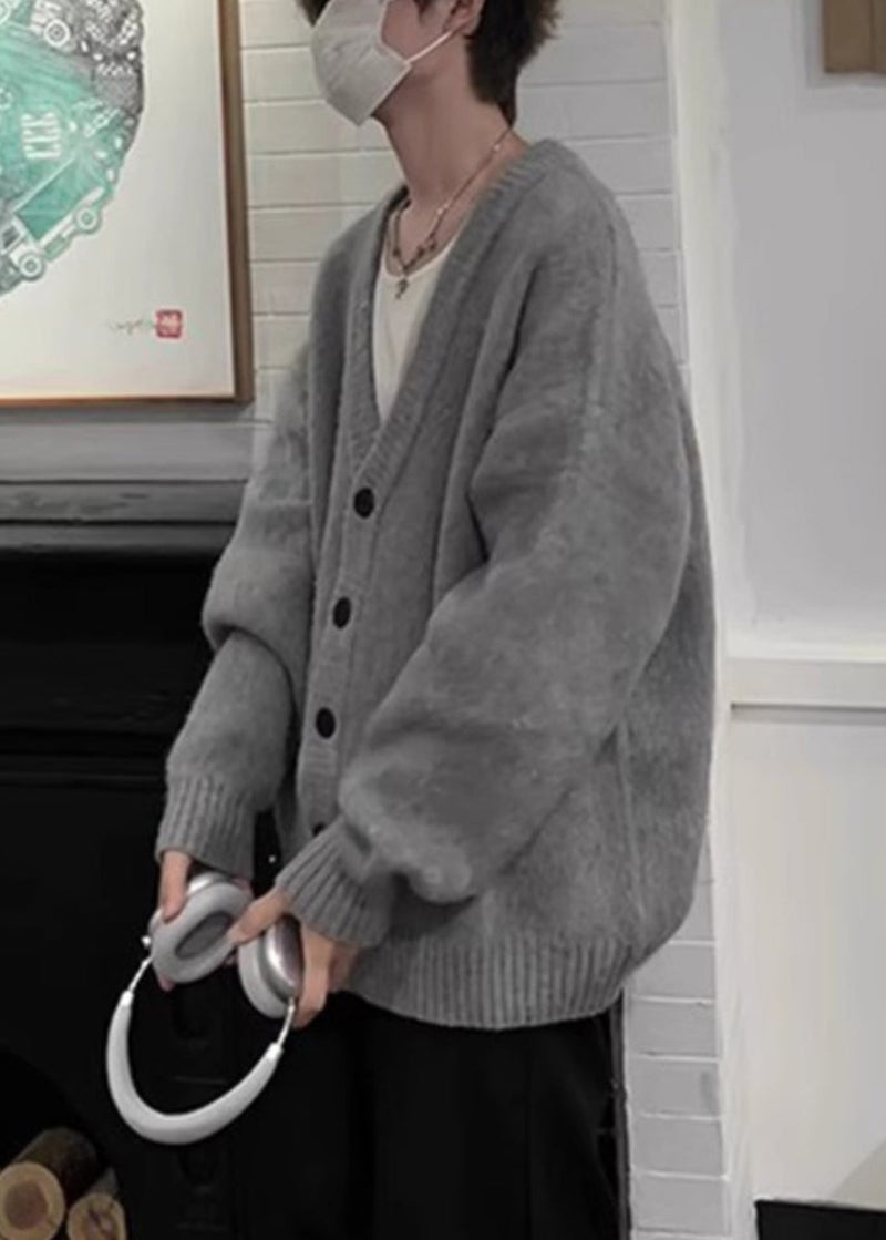 Grey V Neck Button Knit Cardigans Spring