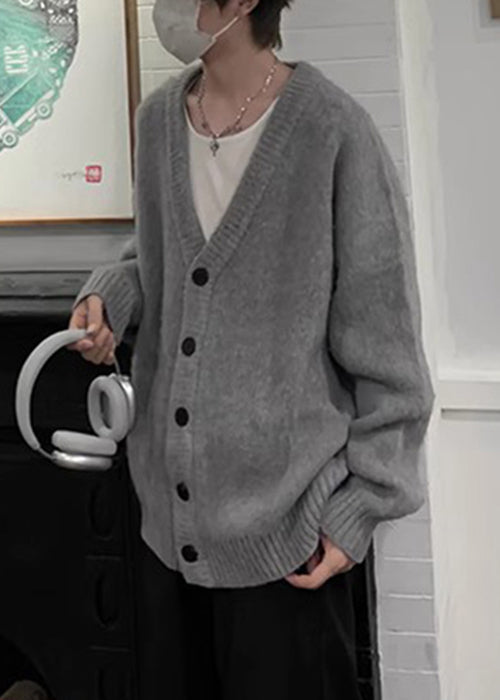 Grey V Neck Button Knit Cardigans Spring