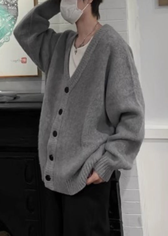 Grey V Neck Button Knit Cardigans Spring