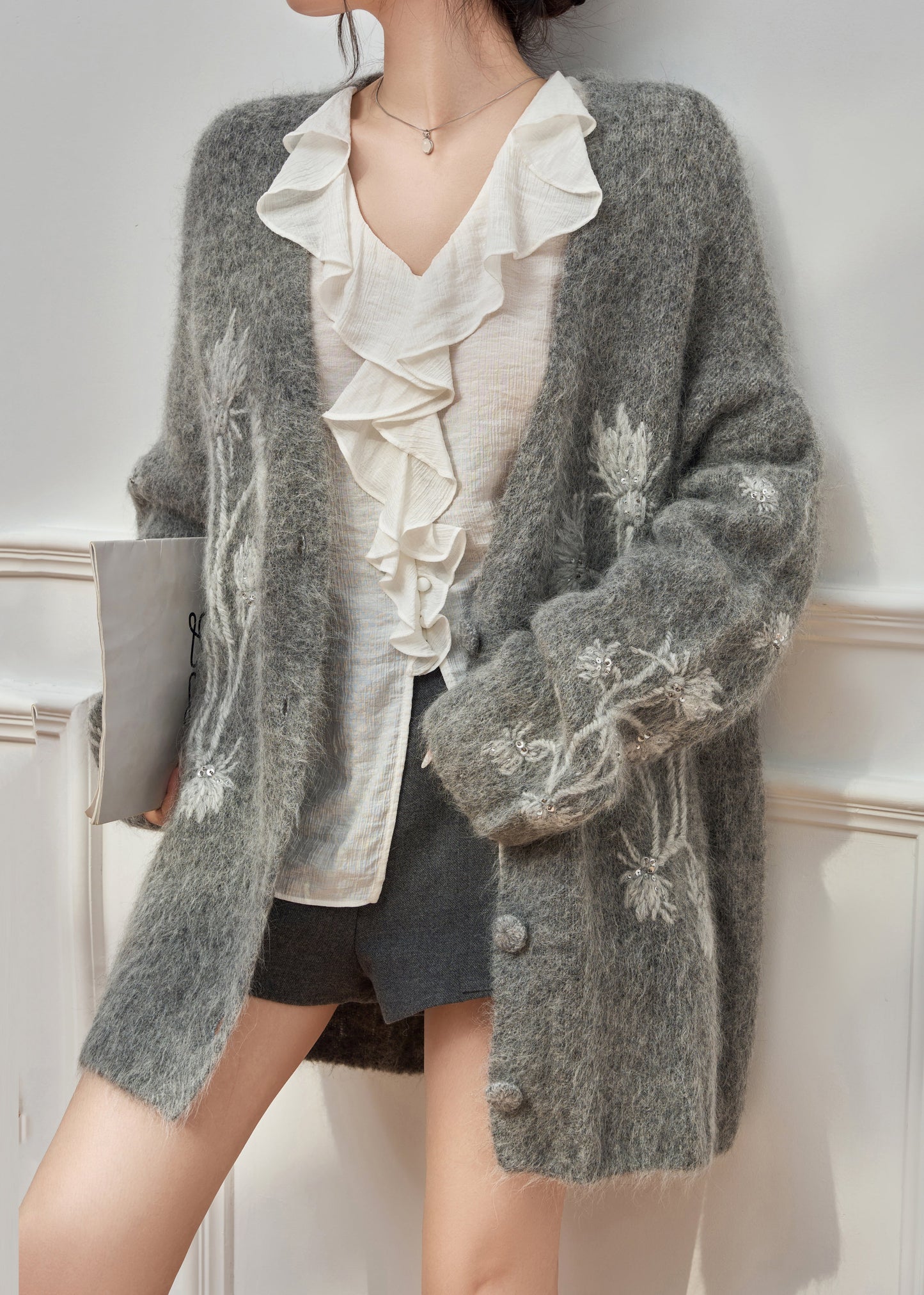 Grey V Neck Embroidered Cotton Knit Cardigan Spring